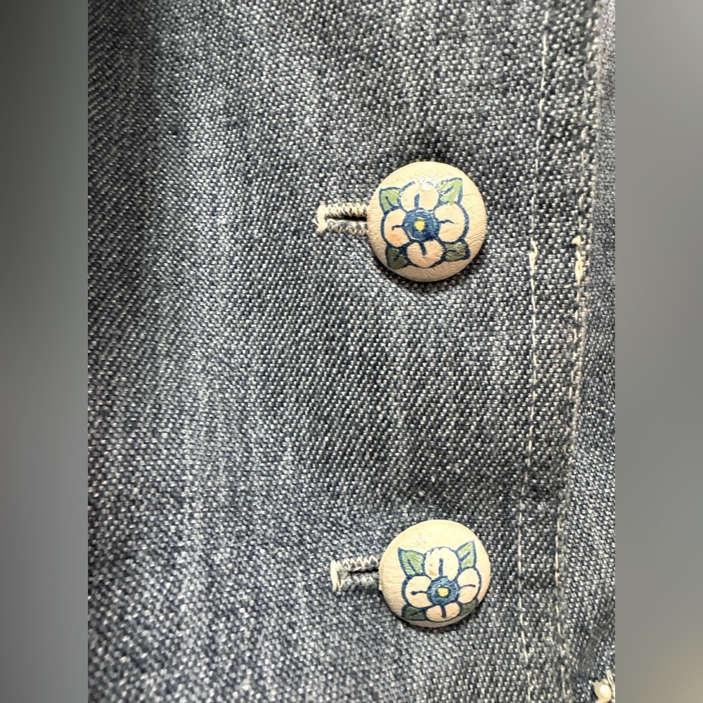 Y2K denim vest with built-in scarf and painted flower buttons size XS - Picture 2 of 5
